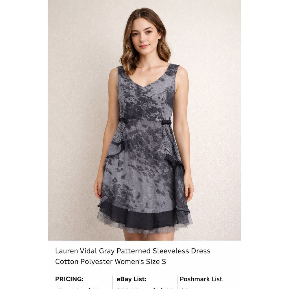 Lauren Vidal Gray Abstract Sleeveless Dress Ruffle Hem Women S